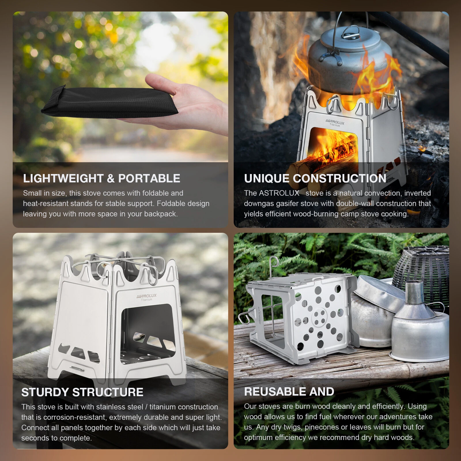 (image for) Astrolux&reg; Ti-BS1 Titanium Backpacking Stoves Titanium Camping Stove Folding Wood Burning Stove Pocket Stove Portable Lightweight Backpacking Stove for Outdoor Camping Hiking Backpacking P