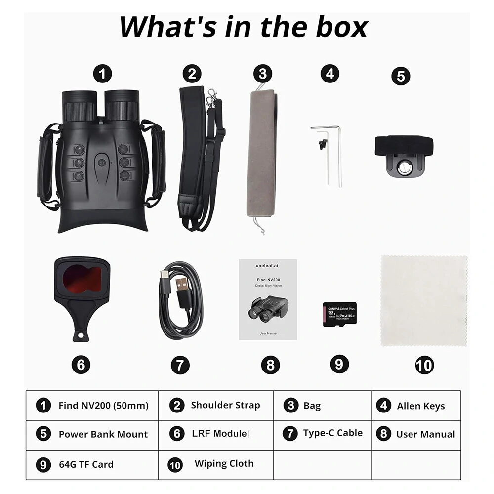 (image for) oneleaf.ai NV200 LRF 50mm 4K Digital Day/Night Vision Binoculars with Rangefinder Waterproof Telescope for Adults Wildlife Monitoring Camera